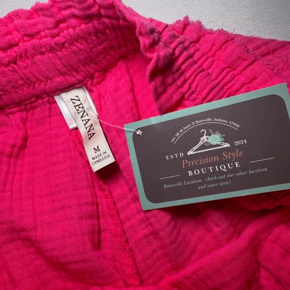 ZENANA Hot Pink Gauze Smocked Waist Drawstring Shorts Women's‎ Medium - Picture 5 of 9